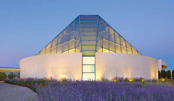 Ismaili Centre Toronto at dusk with glass crystal dome
