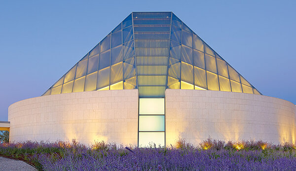Glass crystal dome at dusk, Ismaili Centre Toronto