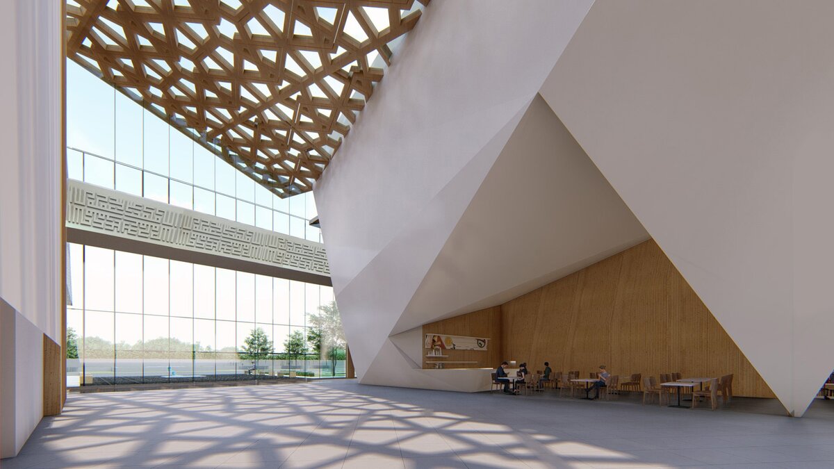 Laval Jamatkhana interior, wooden lattice ceiling and calligraphy band